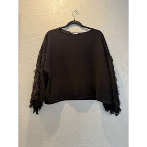 HM Black Fringe Sleeve Boat Neck Top Size 8 Long Sleeve Crepe Blouse